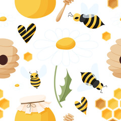 Bee and camomile seamless pattern. Beehive, heart, daisies, bees, honey and honeycombs in a kids pattern. Seamless is suitable for print, fabric, wrapping paper, bar and menu decoration.