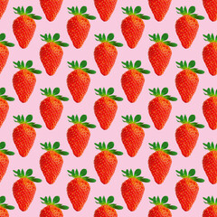 Fresh strawberry seamless pattern. Ripe strawberries isolated on pink. Package design background. Falling strawberry selective focus.