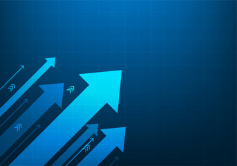 business digital arrows up and grid on blue dark background. business growth to success concept. Vector illustation abstract futuristic style. copy space for text input.