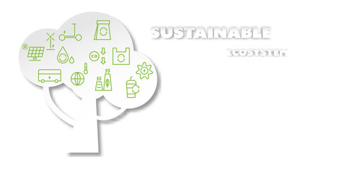 Fototapeta na wymiar Sustainable ecosystem concept. Paper cut style of the big tree and green eco icons such as an electric scooter, recycle garbage, reuse plastic, solar cell, carbon dioxide reduce on white background.