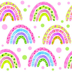 Watercolor seamless hand drawn pattern with bright colorful rainbows and polka dot background. Pink blue green colors for kids children textile nursery decor baby clothes.