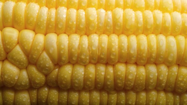 Extreme Close-up of rotating raw yellow sweet corn wet with water drop, Concept of healthy eating, vegan food, background texture Natural food