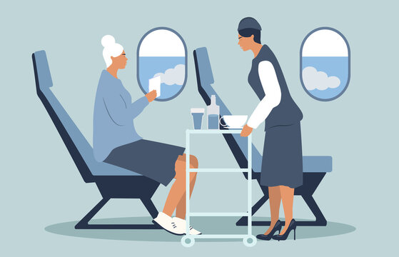 vector hand drawn illustration in flat style on the theme of flights and services on board the aircraft. the passenger is seated. flight attendant pushing a cart full of drinks