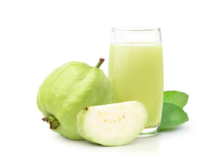 Guava juice with fresh guava fruit isolated on white background.