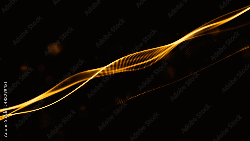 Poster digital particle wave floor gold and black color abstract background. 3d rendering