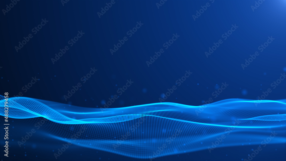 Poster digital particle wave floor blue and black color abstract background. 3d rendering