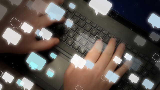 Blurred man hands typing messages on laptop keyboard. Lot of speech bubbles fly away. Chat background, 3d rendering.
