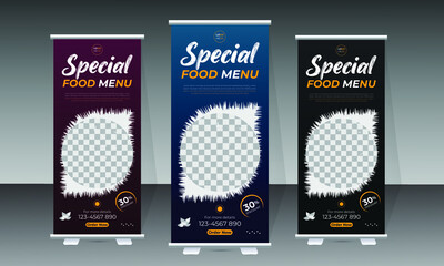 Food roll-up banner design and delicious food menu template for restaurant.
Modern food roll-up banner template, Restaurant roll-up banner, and brochure design.
Vertical, stand, flag layout