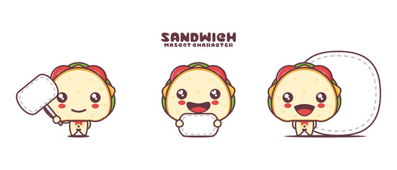 cute sandwich cartoon mascot, with blank board banner