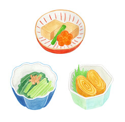 和食のお惣菜の入った小鉢の水彩イラスト