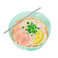 レモンとパクチー、チキンののったフォーの水彩イラスト