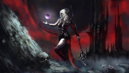 A dark elf mage in spiked armor and white hair uses a magic sphere for illumination, behind her is the silhouette of a gothic castle. Digital drawing style, 2D illustration © Kalleeck