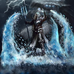 The archmage of water in armor and with a staff in the form of a trident uses magic, a huge sea serpent is visible behind him. digital drawing style, 2D illustration.