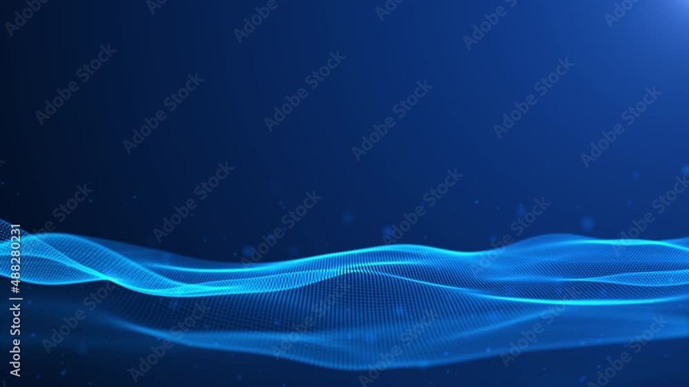 Poster digital particle wave floor blue and black color abstract background. 3d rendering animation 4k