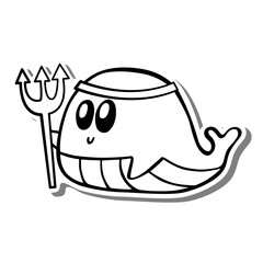 Cute cartoon Whale Warrior holding a trident and wearing a tiara Monochrome. Doodle on white silhouette and gray shadow. Vector illustration about aquatic animals for any design.