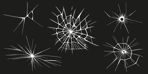 Glass cracks. Broken ice. Bullet marks on transparent surface, electronic display, window. Vector sketch illustration.