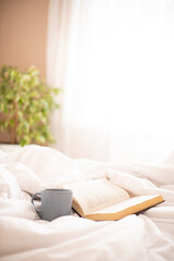 Morning. A book and a mug of coffee and tea on the bed. Sunlight in the window. Comfort. Atmosphere. Lifestyle