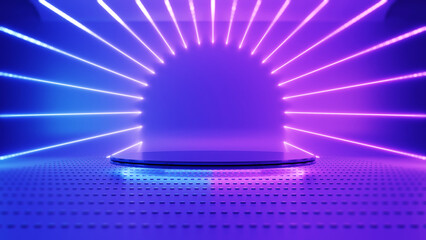 Podium show products, Empty stage, Colored neon lights, Place to present a product, Retro style. Sci Fi style. 3d Rendering image.