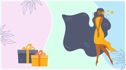 Greeting card, banner with cute girl, woman with gifts and place for text. Bright African American, Hispanic or Indian. Positive vector illustration for print, advertising, web pages. Flat style.