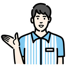 笑顔で説明をしているコンビニ店員の若い男性
