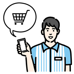 スマホを持ってオンラインショッピングの説明をしているコンビニ店員の若い男性
