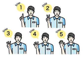 手順について説明をしているコンビニ店員の若い男性のセット
