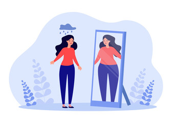 Sad slim woman seeing overweight girl in mirror. Insecure female character fat in reflection flat vector illustration. Diet, eating disorder, health, beauty concept for banner or landing web page