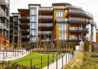 Brand new apartment building in BC, Canada. Architectural details of modern apartment building
