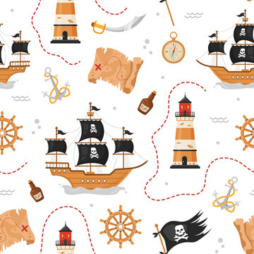 Seamless pattern with pirate ship, flag and map. Childish vector illustration in flat cartoon style. Hand drawn fabric design or package paper.