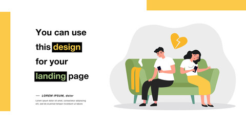 Bored couple sitting on sofa while looking at their phones. Husband and wife tired of each other flat vector illustration. Relationship, breakup concept for banner, website design or landing web page