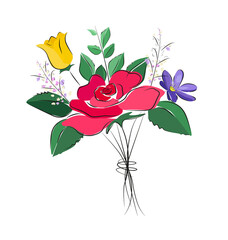 Hand drawn bouquet of pretty colourful flowers with red rose at the centre. Beautiful spring flowers or Easter flowers, Mother's Day, Valentine's Day. 