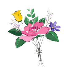 Hand drawn bouquet of pretty colourful flowers with pink rose at the centre. Beautiful spring flowers or Easter flowers, Mother's Day, Valentine's Day. 