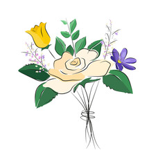 Hand drawn bouquet of pretty colourful flowers with white rose at the centre. Beautiful spring flowers or Easter flowers, Mother's Day, Valentine's Day. 
