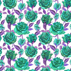 Watercolor illustration seamless botanical pattern. Fresh green leaves, branches, flowers and buds of roses. Organic natural design over white background. Ornament for fabric, paper.