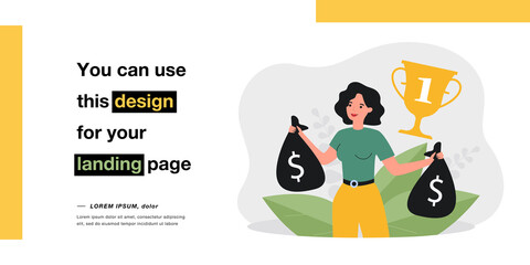 Female competition winner holding bags of money. Woman getting first place, gold cup with number one flat vector illustration. Wealth, success, achievement concept for website design or landing page