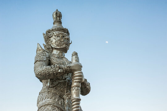 The Silver Buddhism Giant staue or thai name " Thao Wessuwan" at Wat Veerachote temple ,Chachoengsao province Thailand
