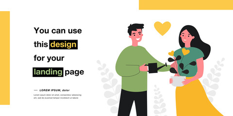 Happy couple building romantic relationship. Male character watering, growing heart flower flat vector illustration. Love and harmony in family concept for banner, website design or landing web page