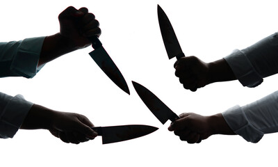 Collection of criminals holding bloodstained knives on white background, cut out.