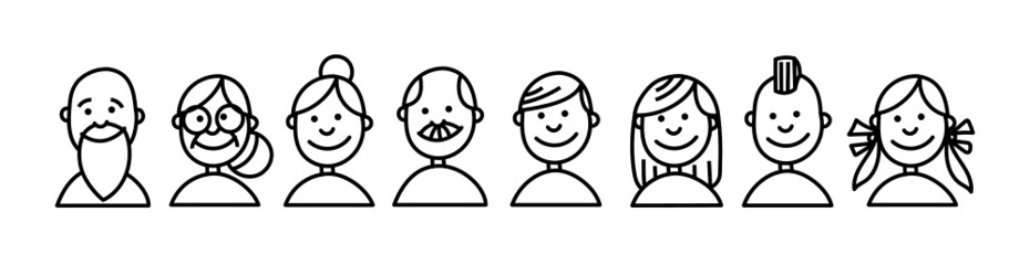 Big family character icons set. Line drawing.