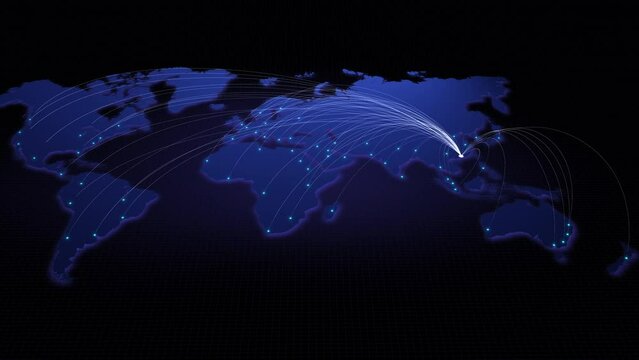 Global connectivity from Hong Kong to other major cities around the world. Technology and network connection, trading and traveling concept. World map element of this clip furnished by NASA
