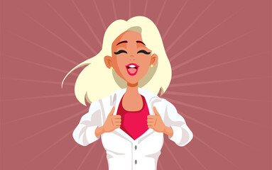 Super-Strong Girl Opening Her Shirt Vector Cartoon Illustration
