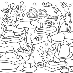 Underwater Cave coloring page. Fishes, animal sponges and deep plants.