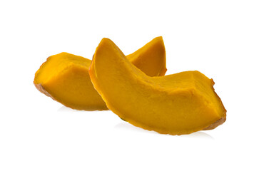 Slices of streamed pumpkin isolated on white background.