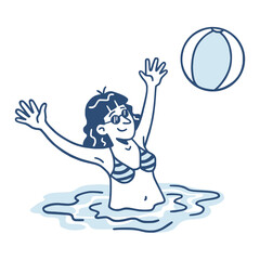 Cute Girl Play the Ball on the Beach Summer Holiday Doodle Drawing Vector Illustration