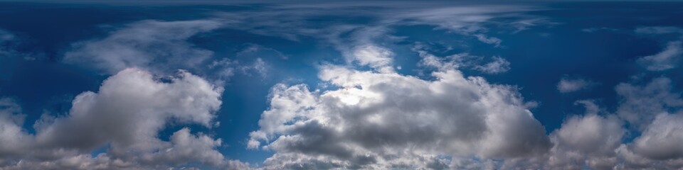Blue sky panorama with Cirrus clouds in Seamless spherical equirectangular format. Full zenith for use in 3D graphics, game and editing aerial drone 360 degree panoramas for sky replacement.