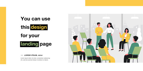 Cartoon man sharing problems in group therapy. People sitting in circle and consulting with therapist flat vector illustration. Psychology, support, mental health concept for banner, website design