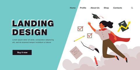 Woman student like superhero flying in sky. Smiling female excited about graduation. Future career, education success concept. Flat vector cartoon illustration, web page landing.