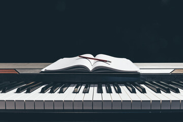 Open notepad on piano keys in the dark, copy space.