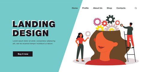 Team of tiny people working on balance of gears in female head. Man starting cognitive machine flat vector illustration. Training, self education concept for banner, website design or landing web page