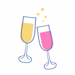 Two glasses with love drink linear sketch. Vector illustration.
